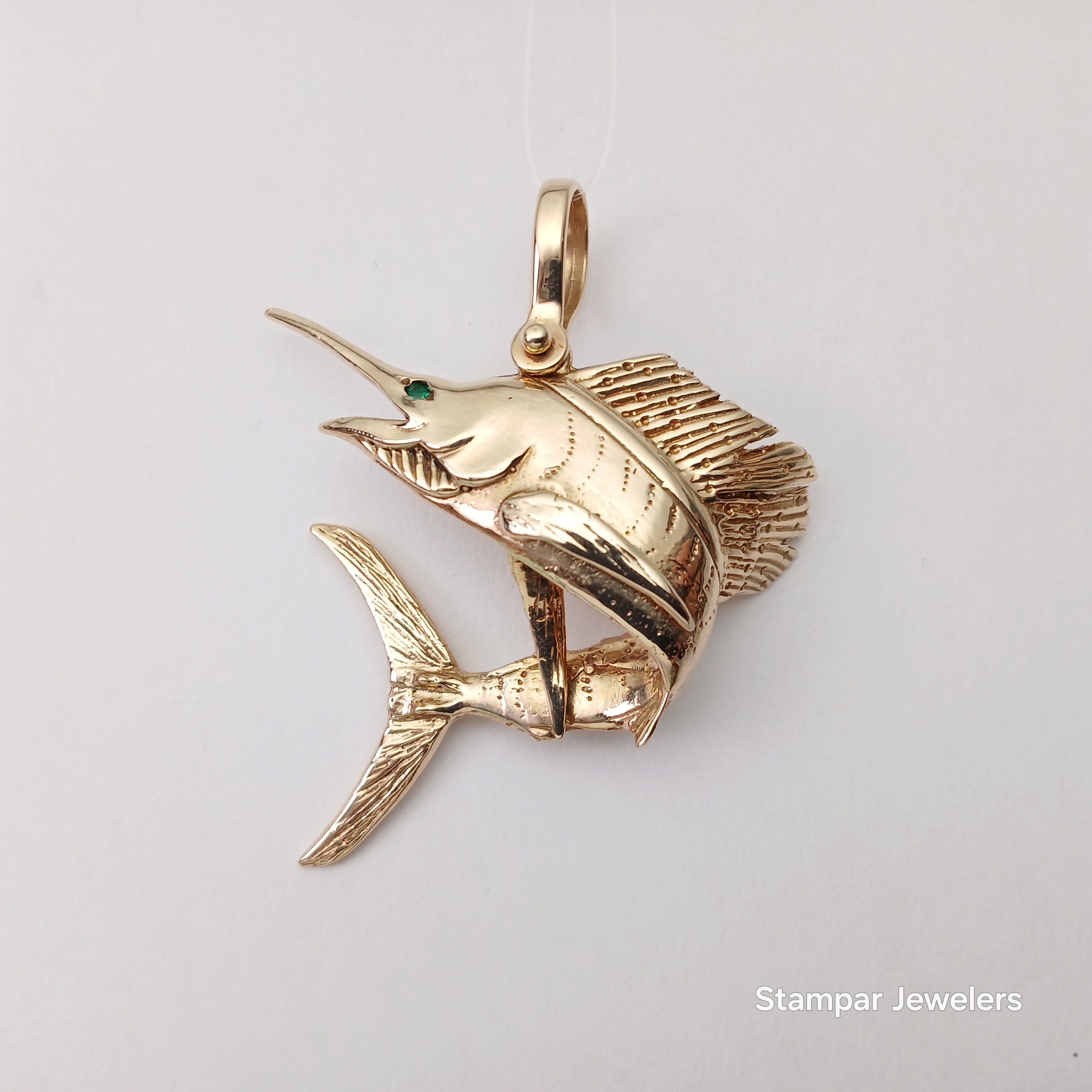 14k Yellow Gold Sailfish Pendant with Emerald Eye (19.89g, 45mm)
